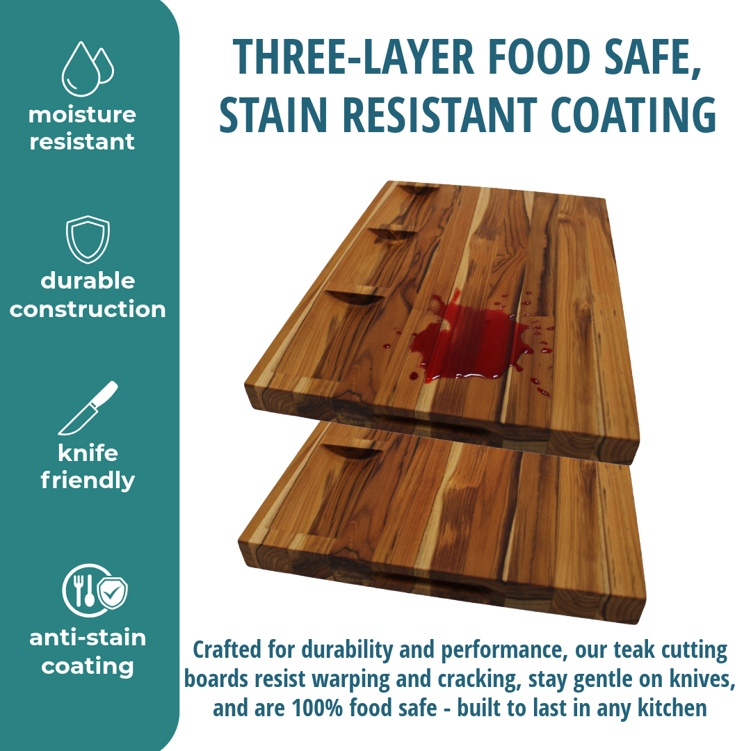 EcoDecors 20" x 15" FSC Teak Reversible Cutting Board with Trays & Groove