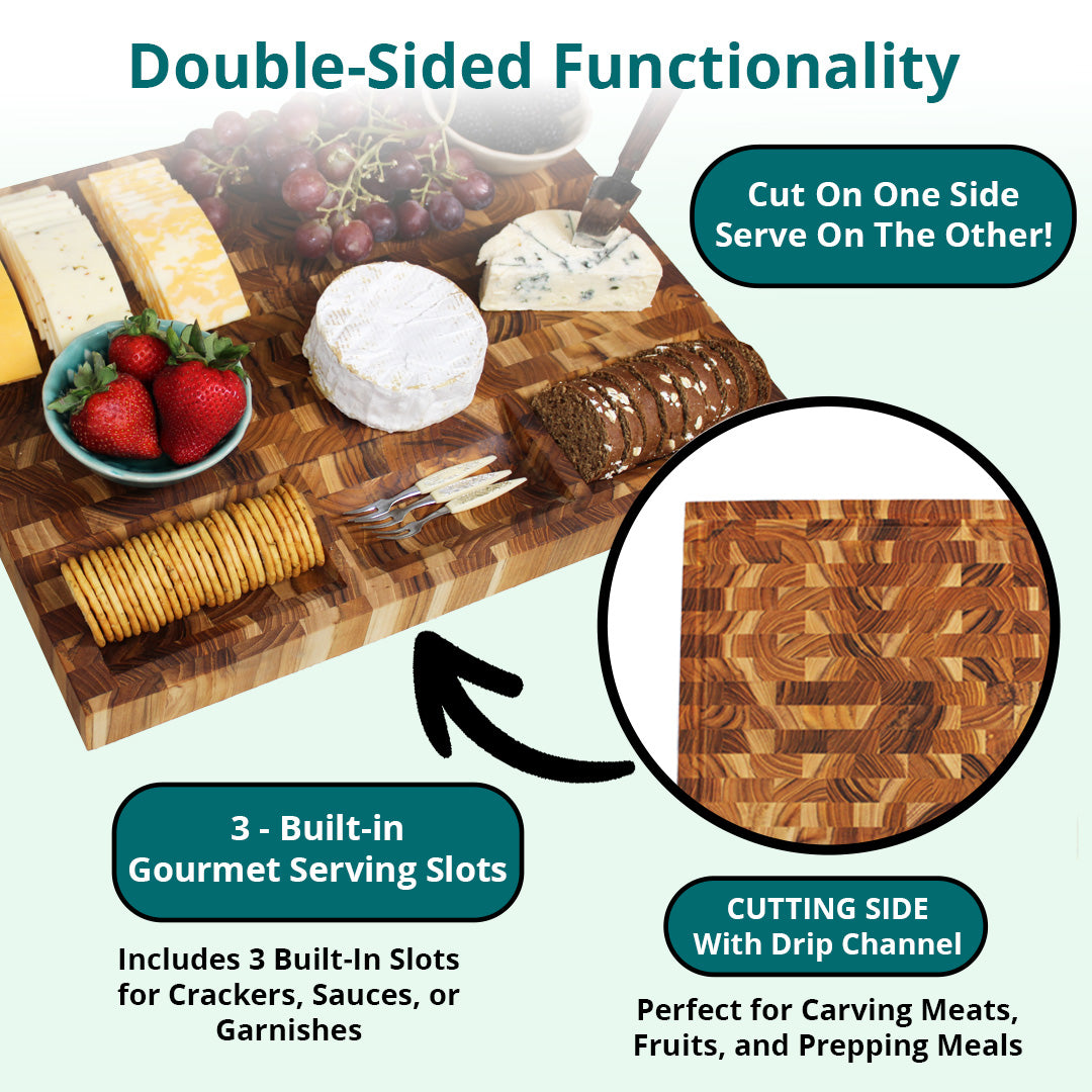 EcoDecors 24x18 FSC Teak End Grain Cutting Board with Groove & Handles