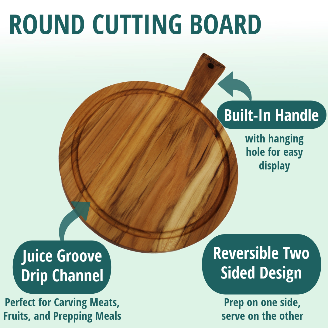 EcoDecors 14" x 10" FSC Teak Edge Grain Round Board with Handle & Groove