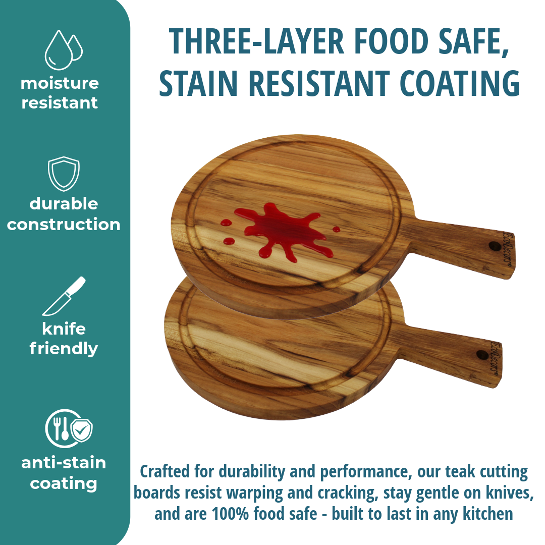 EcoDecors 14" x 10" FSC Teak Edge Grain Round Board with Handle & Groove