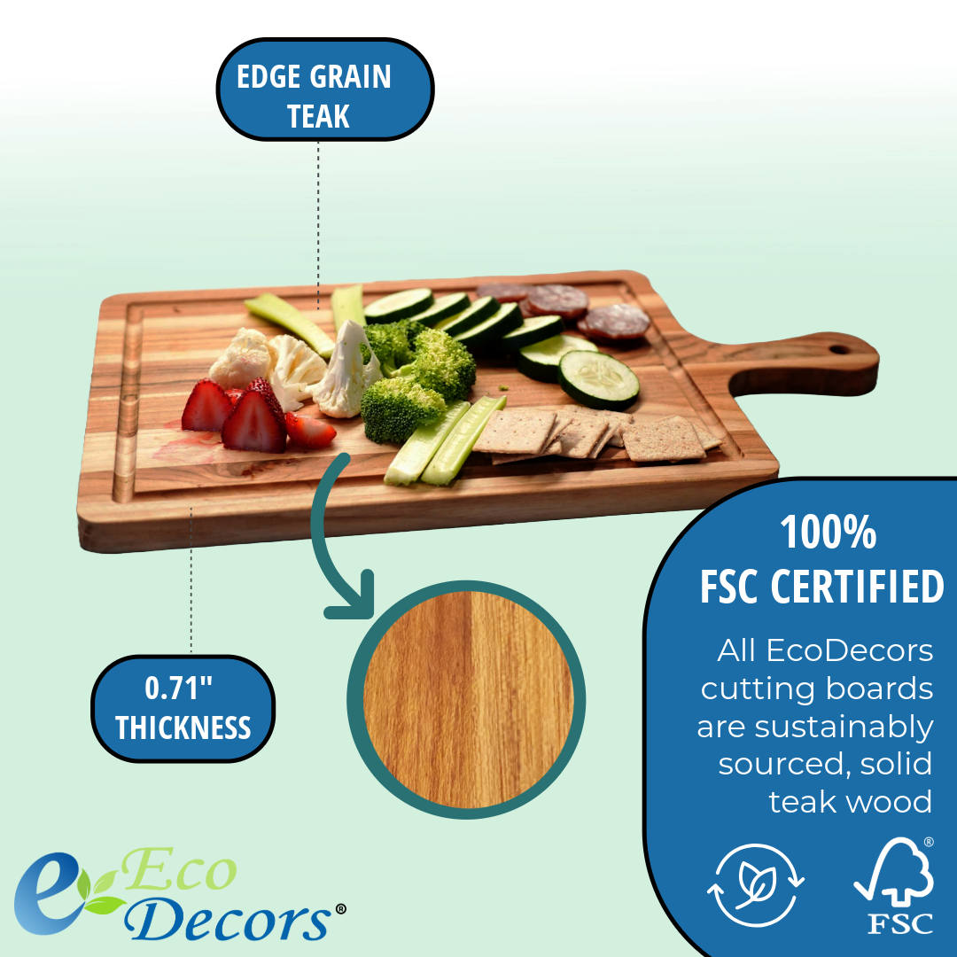 EcoDecors 17x10 FSC Teak Edge Grain Cutting Board with Handle & Groove