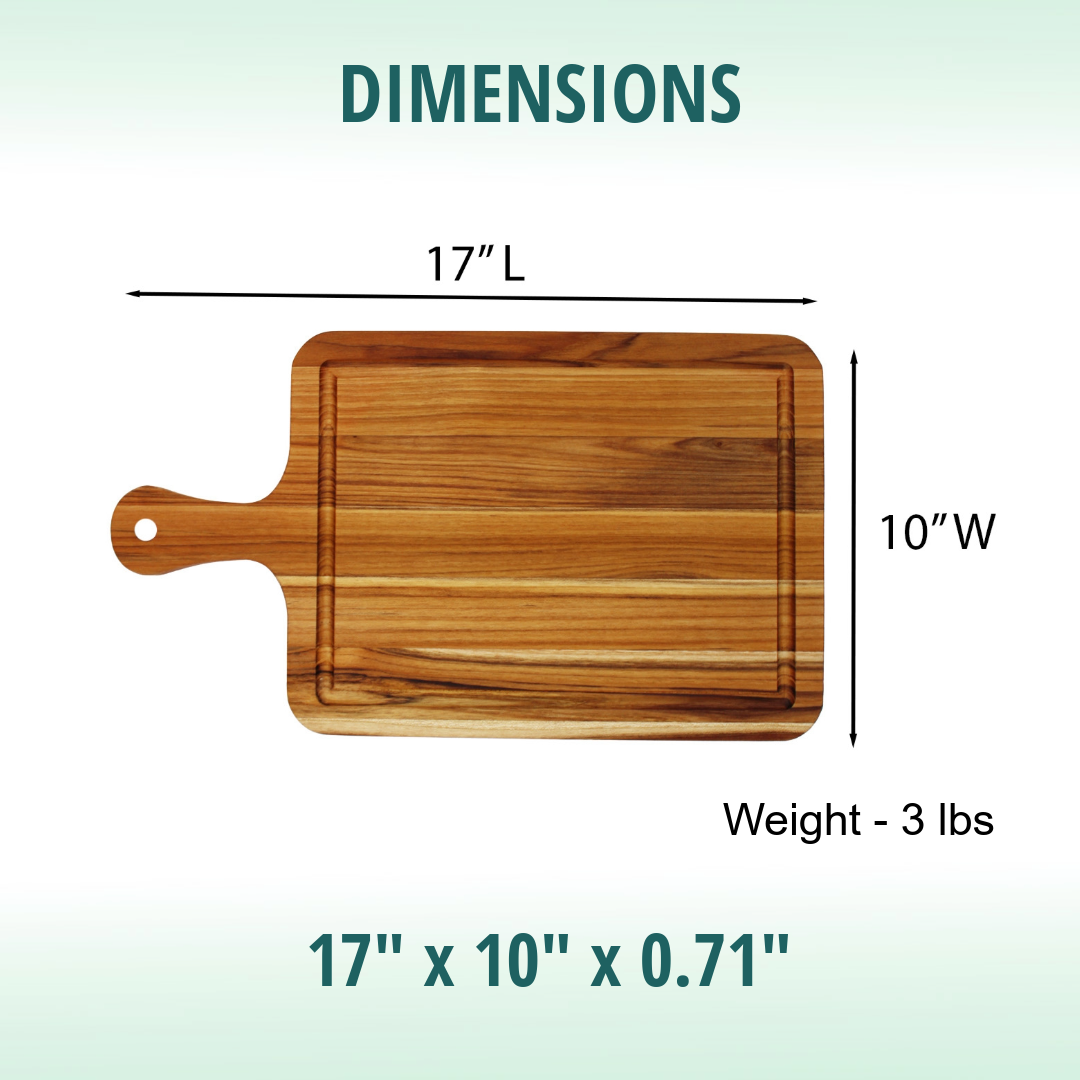 EcoDecors 17x10 FSC Teak Edge Grain Cutting Board with Handle & Groove