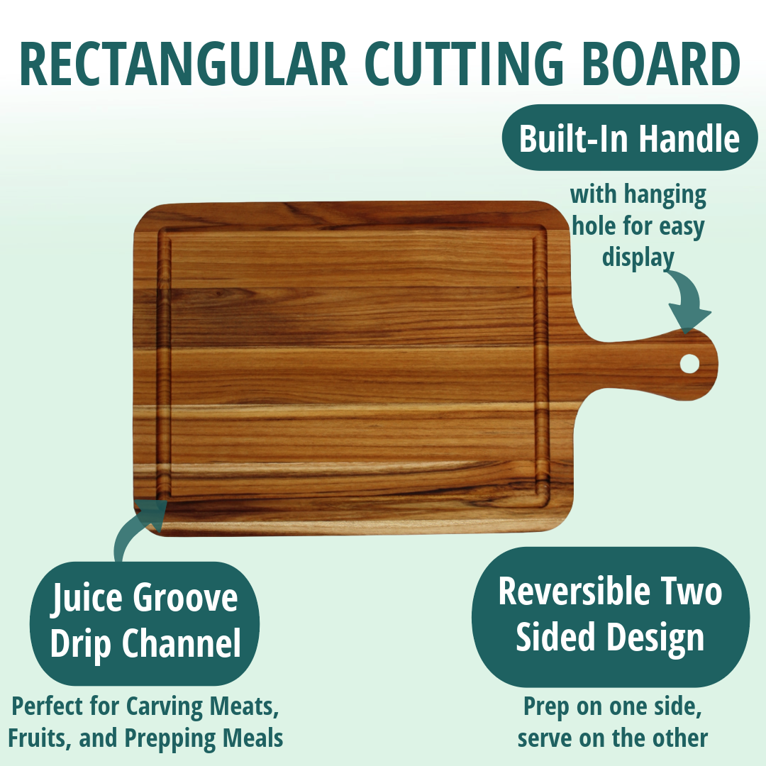 EcoDecors 17x10 FSC Teak Edge Grain Cutting Board with Handle & Groove