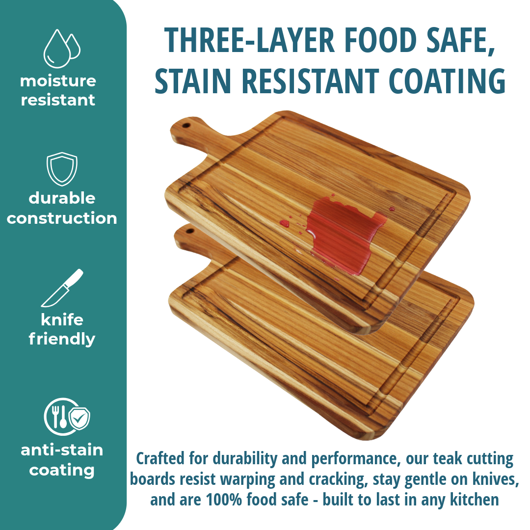 EcoDecors 17x10 FSC Teak Edge Grain Cutting Board with Handle & Groove