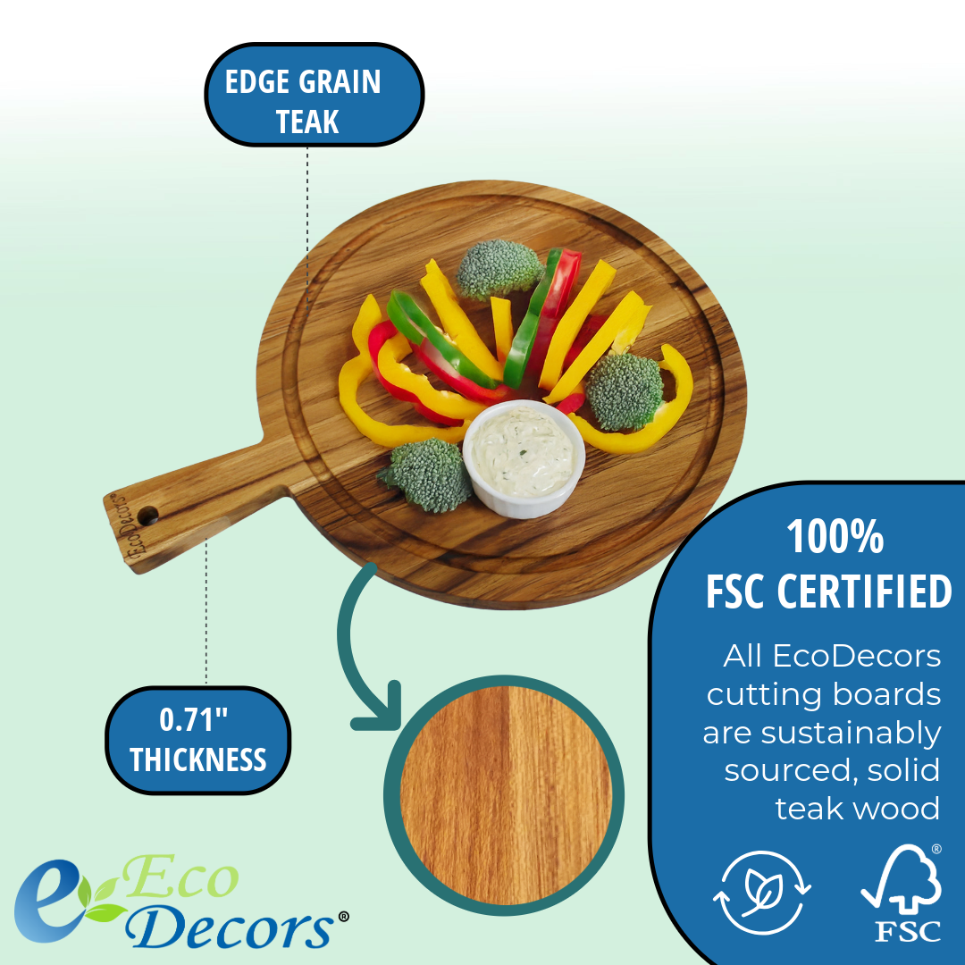 EcoDecors 16" x 12" Round FSC Teak Cutting Board with Handle & Juice Groove