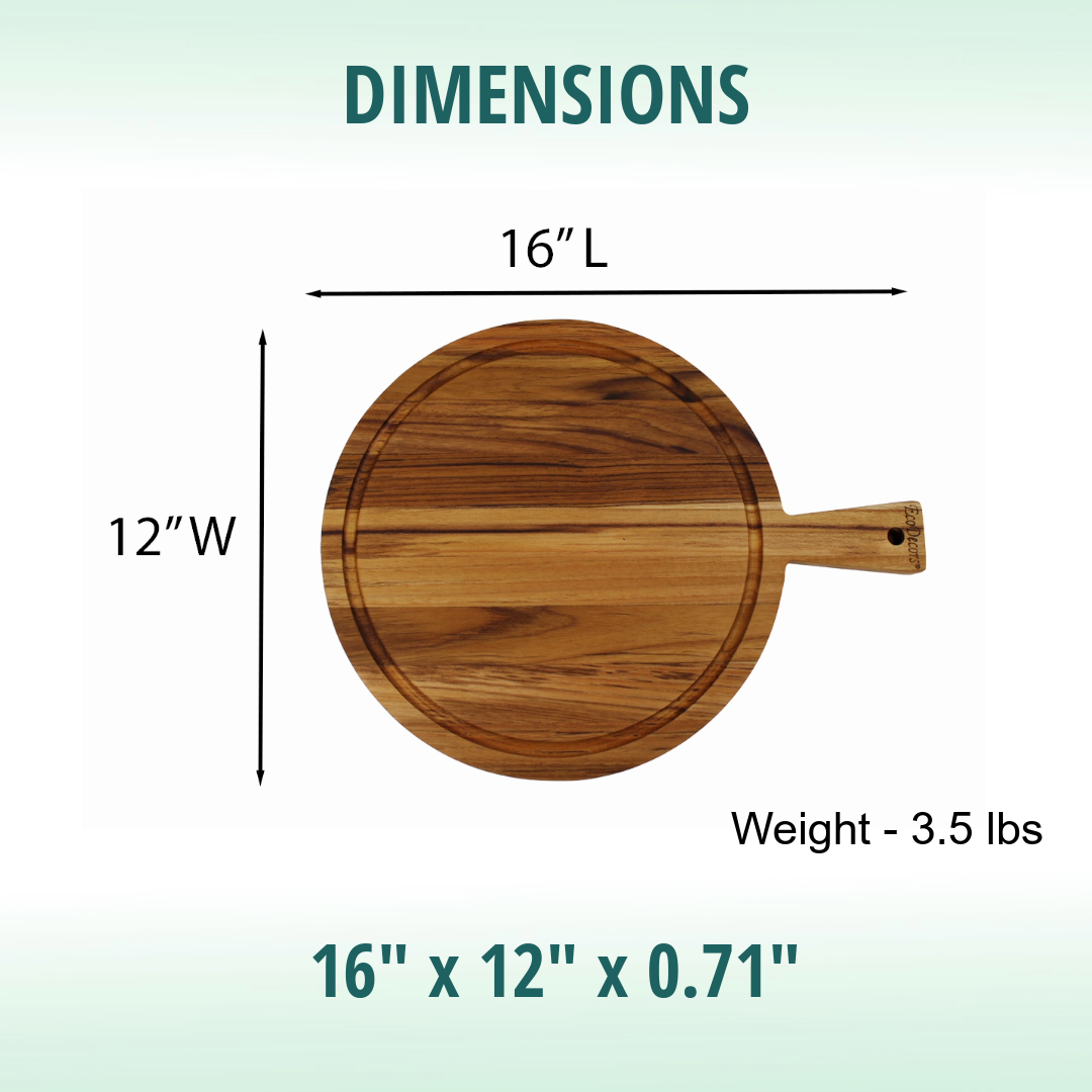 EcoDecors 16" x 12" Round FSC Teak Cutting Board with Handle & Juice Groove