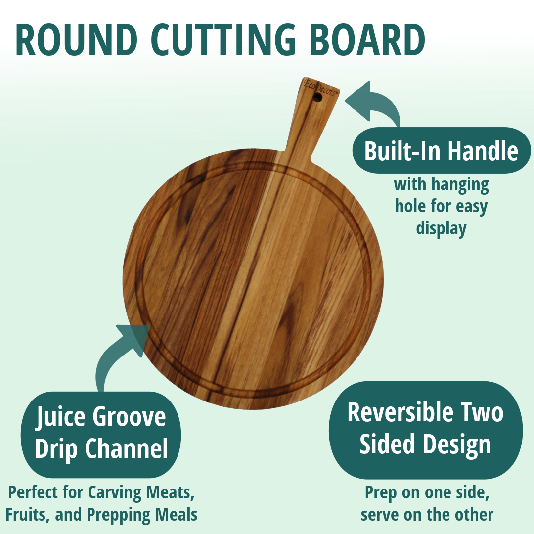EcoDecors 16" x 12" Round FSC Teak Cutting Board with Handle & Juice Groove