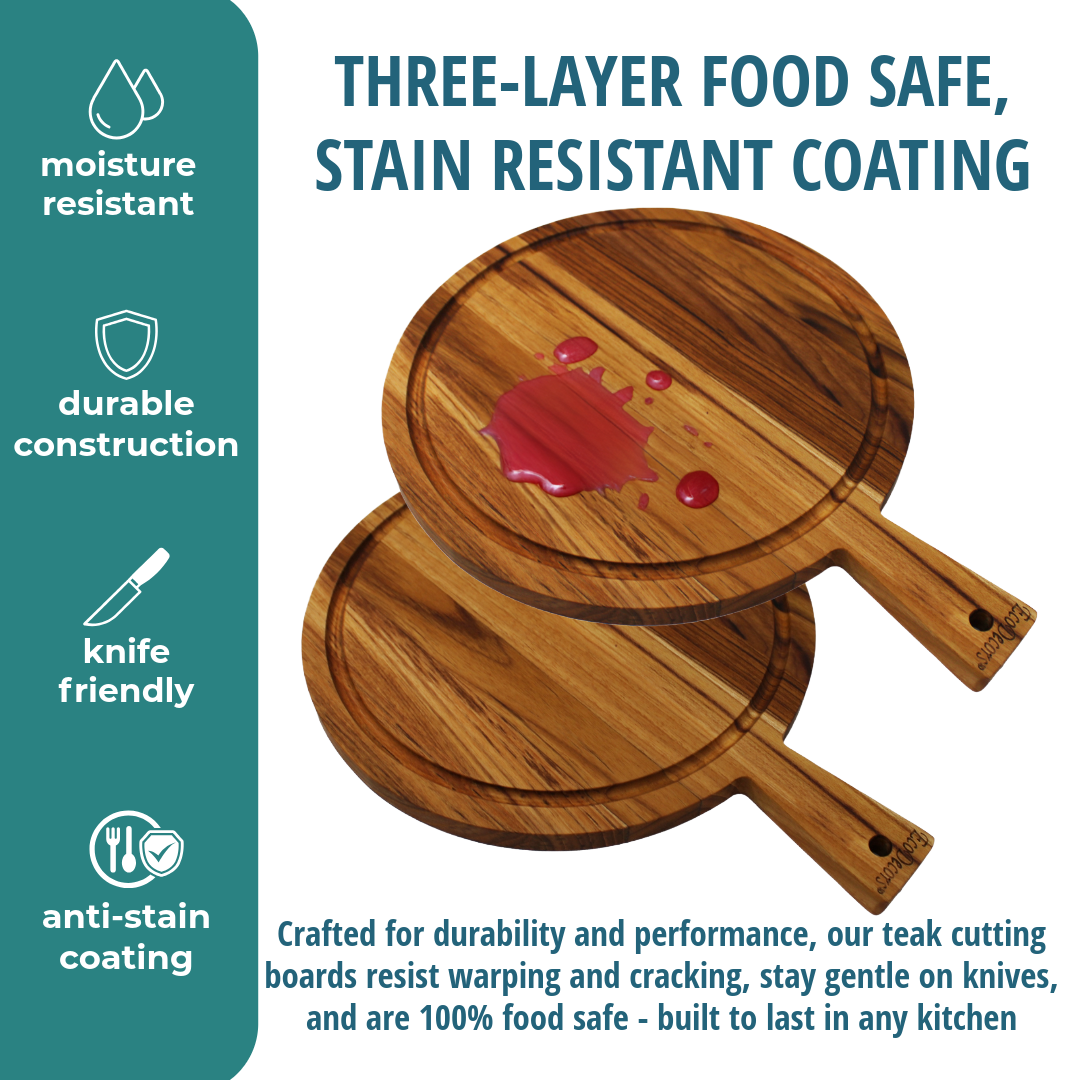 EcoDecors 16" x 12" Round FSC Teak Cutting Board with Handle & Juice Groove