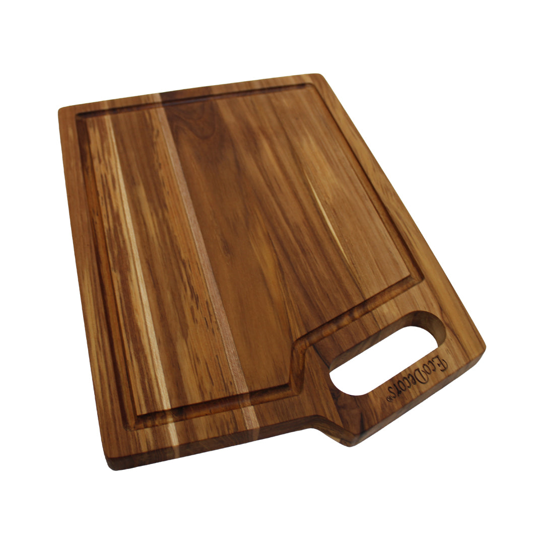 EcoDecors 14x10 FSC Teak Edge Grain Cutting Board with Handle & Groove