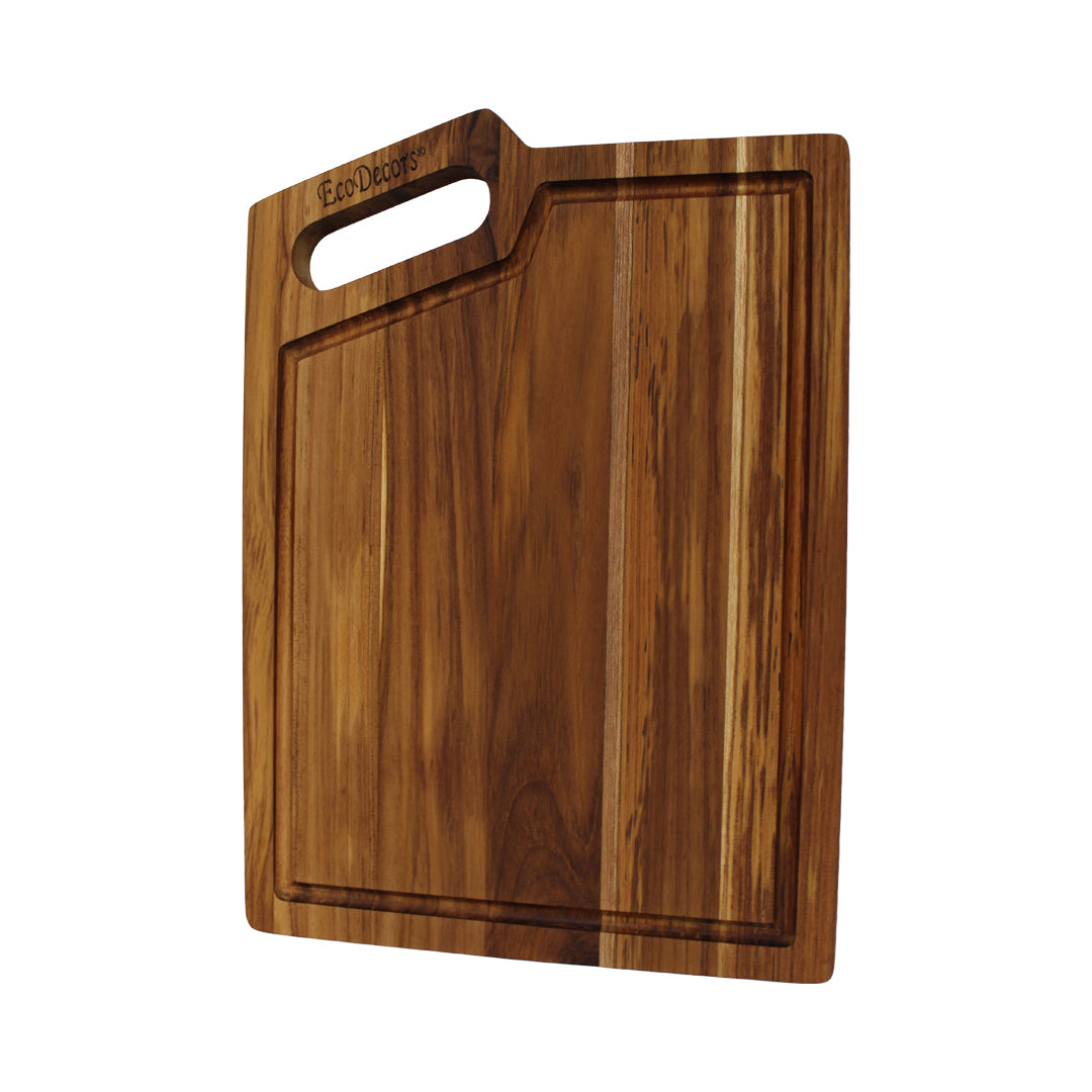 EcoDecors 14x10 FSC Teak Edge Grain Cutting Board with Handle & Groove