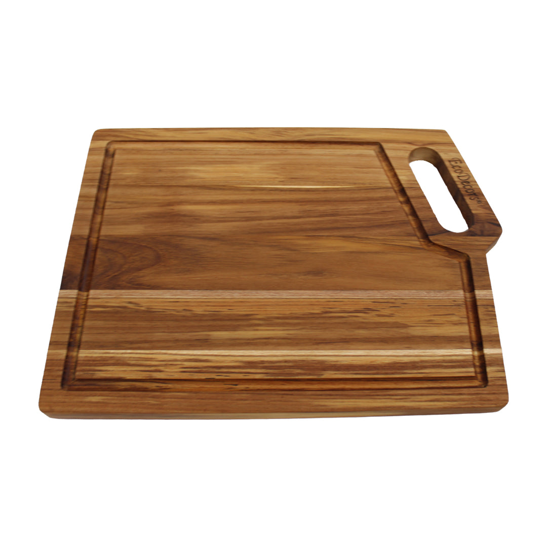 EcoDecors 14x10 FSC Teak Edge Grain Cutting Board with Handle & Groove