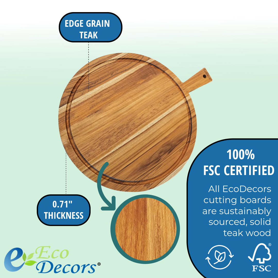 EcoDecors 18" x 14" Round FSC Teak Cutting Board with Handle & Juice Groove
