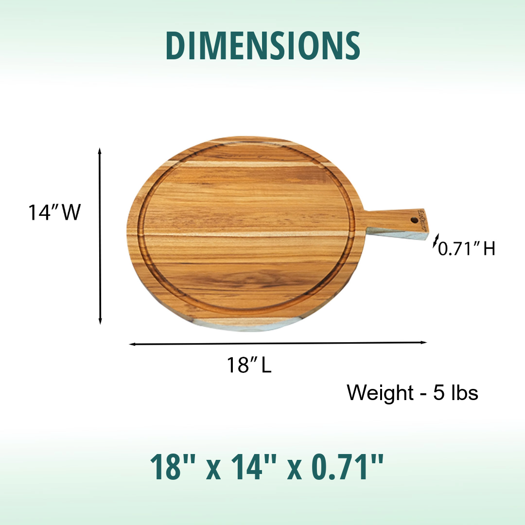 EcoDecors 18" x 14" Round FSC Teak Cutting Board with Handle & Juice Groove