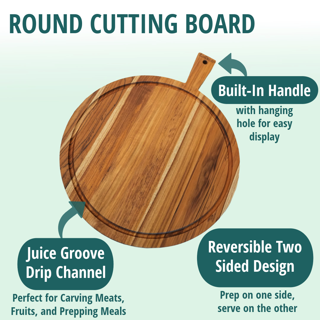 EcoDecors 18" x 14" Round FSC Teak Cutting Board with Handle & Juice Groove