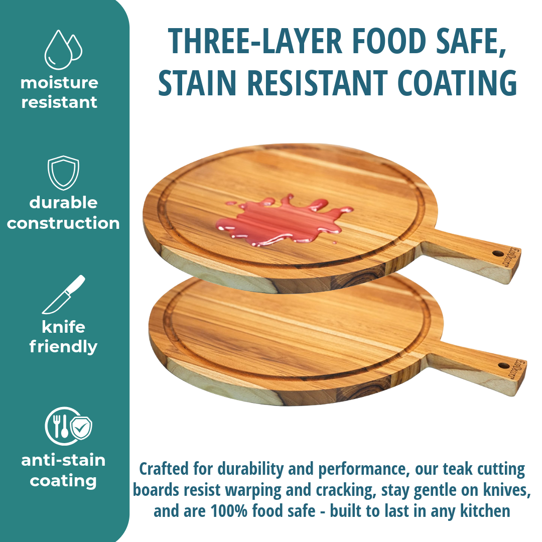EcoDecors 18" x 14" Round FSC Teak Cutting Board with Handle & Juice Groove