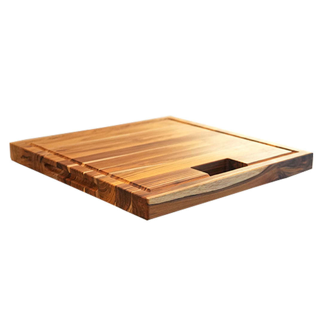 EcoDecors 17x18 FSC Teak Edge Grain Cutting Board with Groove & Handle