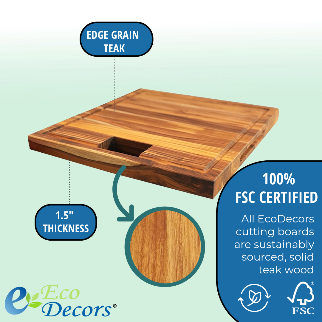 EcoDecors 17x18 FSC Teak Edge Grain Cutting Board with Groove & Handle