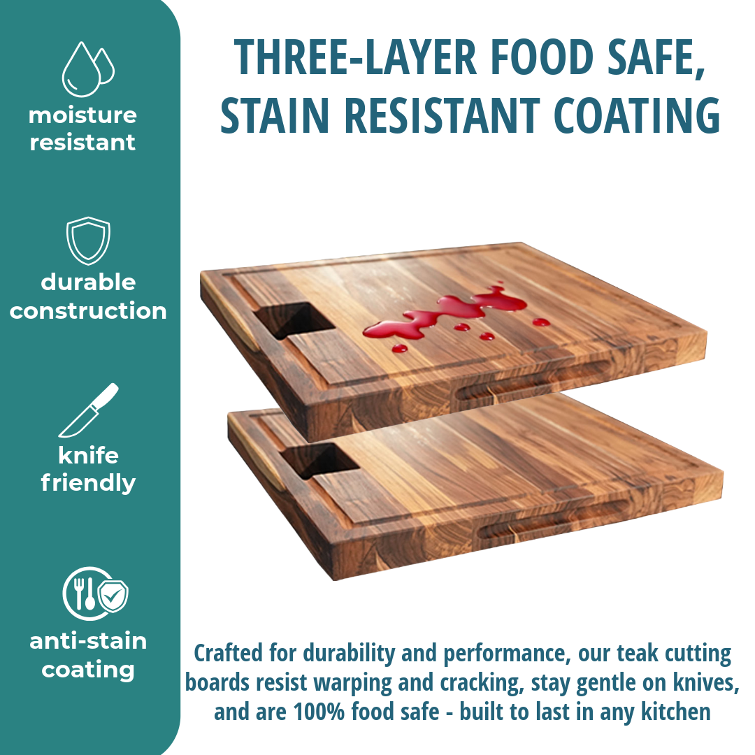 EcoDecors 17x18 FSC Teak Edge Grain Cutting Board with Groove & Handle