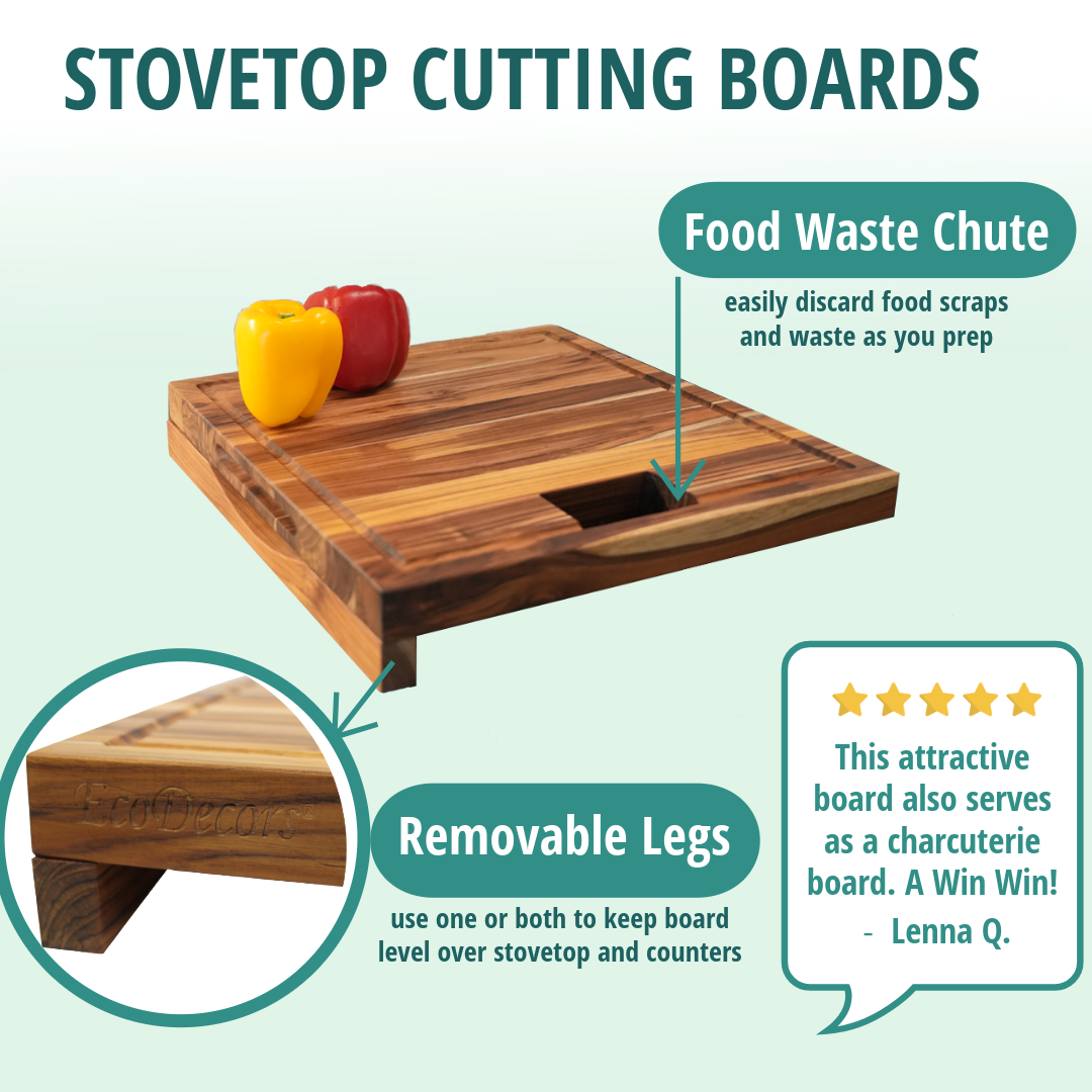 EcoDecors 17x18 FSC Teak Edge Grain Cutting Board with Groove & Handle