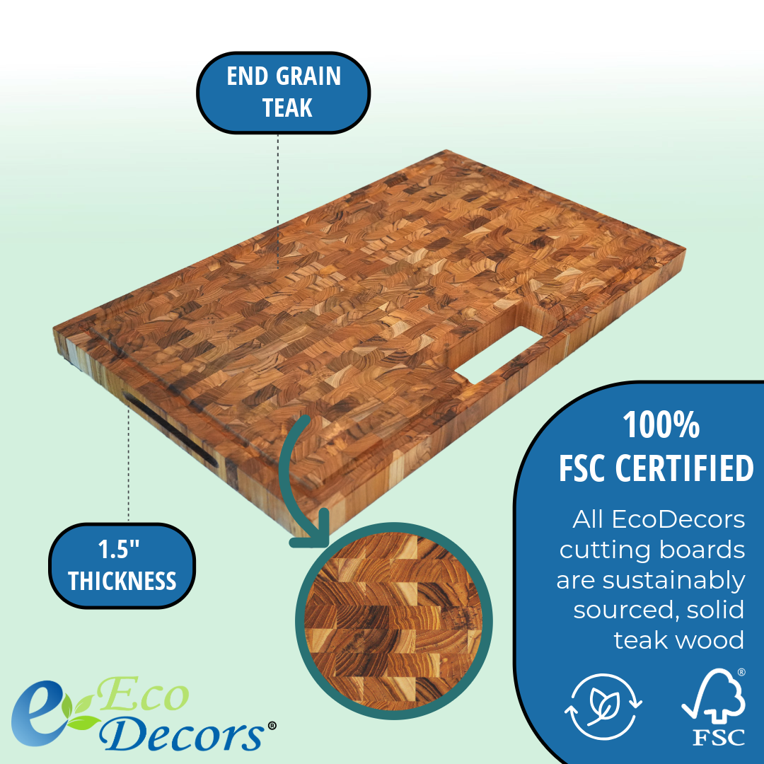 EcoDecors 29x18 FSC Teak End Grain Cutting Board with Groove & Handles