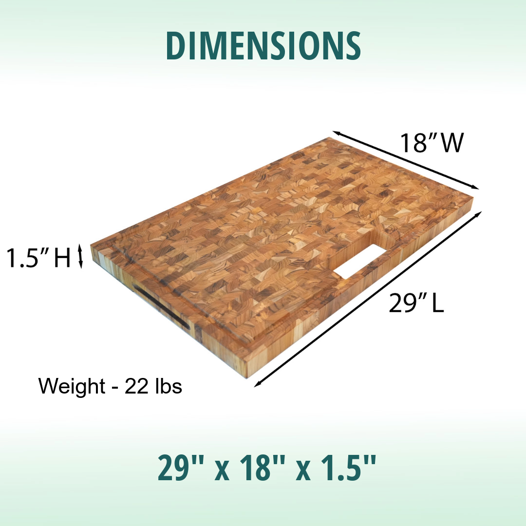 EcoDecors 29x18 FSC Teak End Grain Cutting Board with Groove & Handles