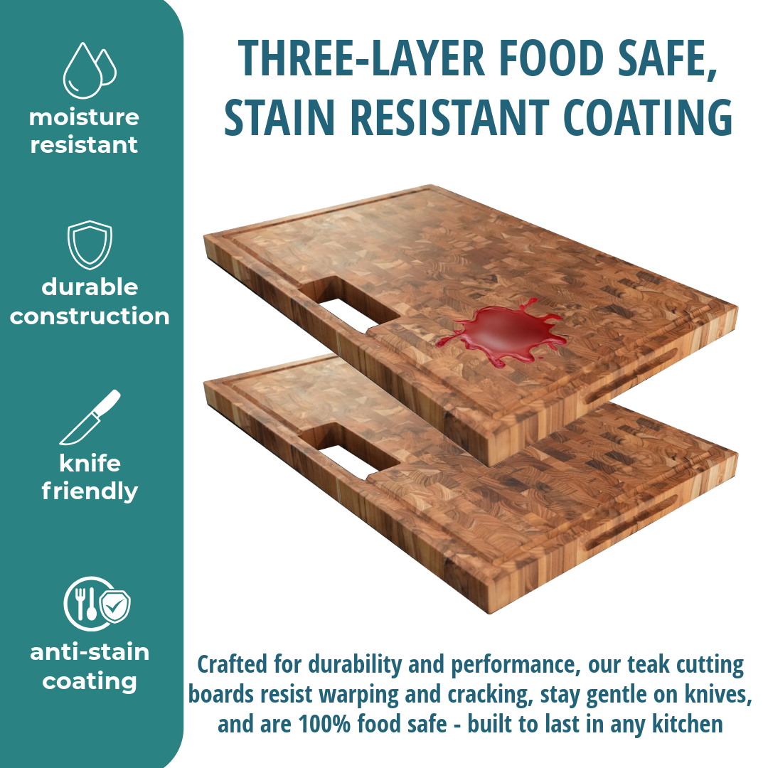 EcoDecors 29x18 FSC Teak End Grain Cutting Board with Groove & Handles