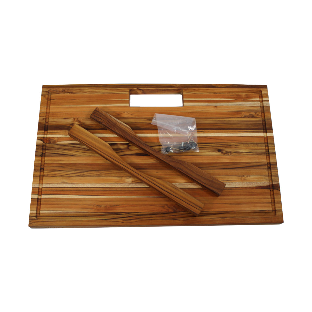 EcoDecors 29x18 FSC Teak Edge Grain Cutting Board with Groove & Handle