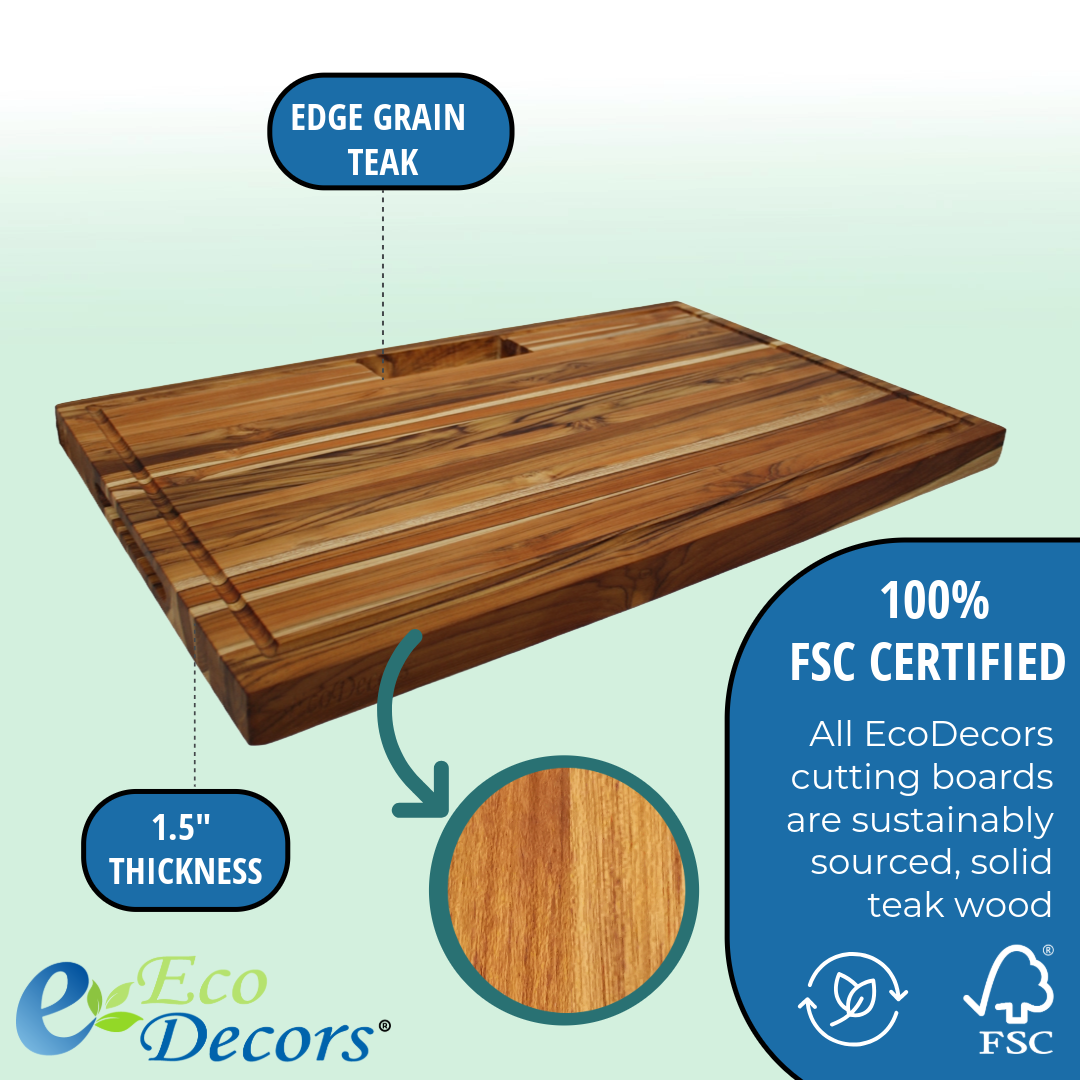 EcoDecors 29x18 FSC Teak Edge Grain Cutting Board with Groove & Handle