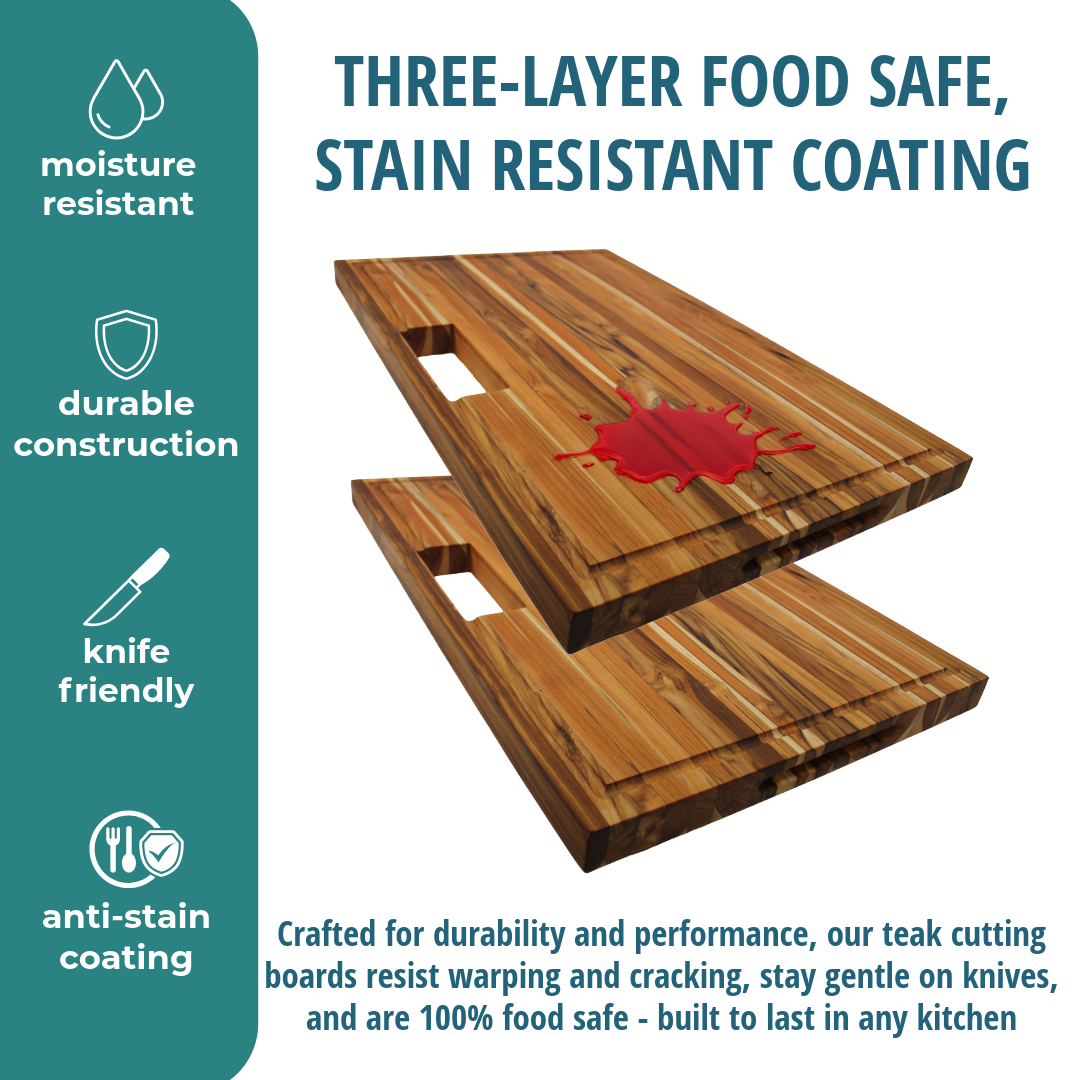 EcoDecors 29x18 FSC Teak Edge Grain Cutting Board with Groove & Handle