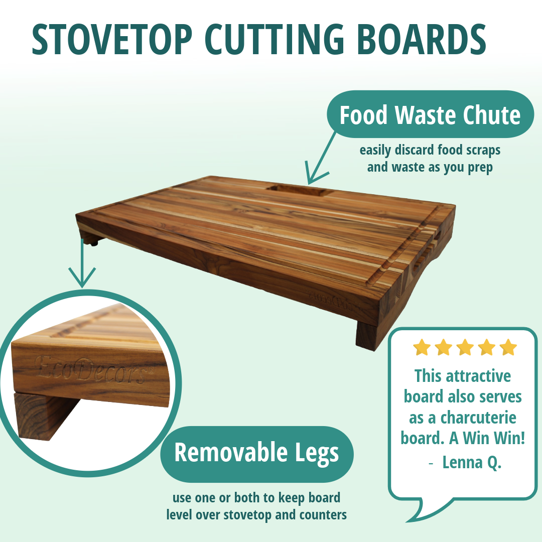EcoDecors 29x18 FSC Teak Edge Grain Cutting Board with Groove & Handle