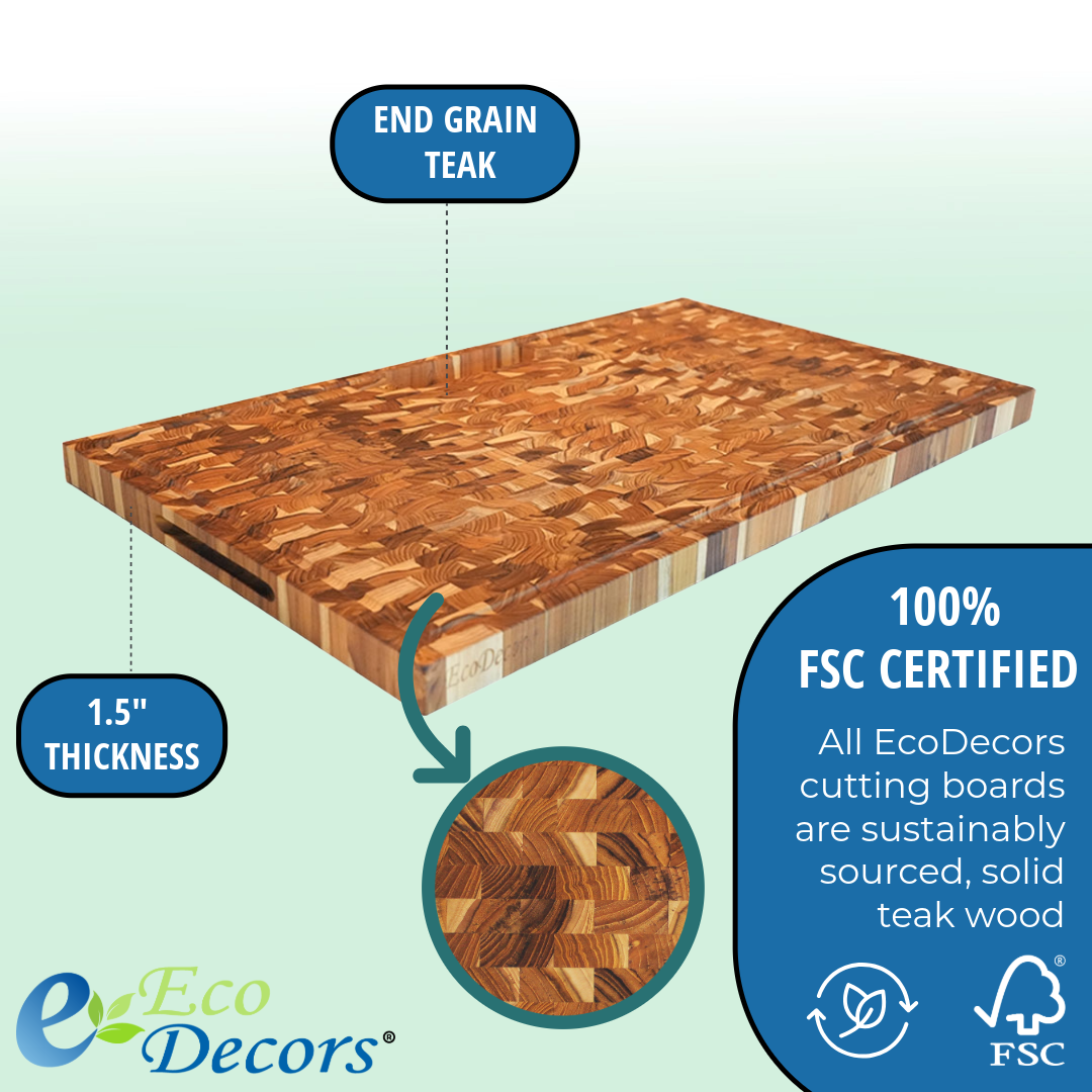 EcoDecors 34" x 20" FSC Teak End Grain Butcher Block with Groove