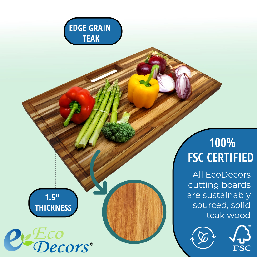 EcoDecors 34" x 20" XL FSC Teak Cutting Board with Juice Groove & Handles