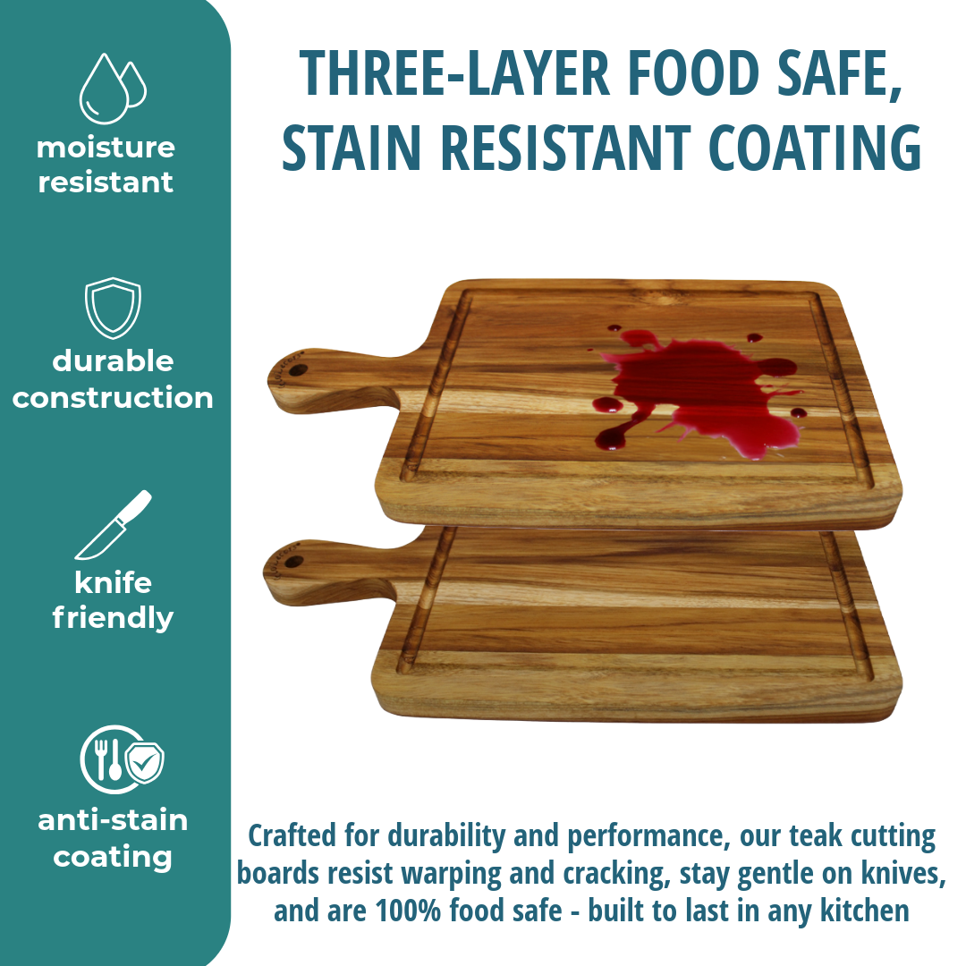 EcoDecors 15.5" x 8.5" Edge Grain FSC Teak Cutting Board with Handle
