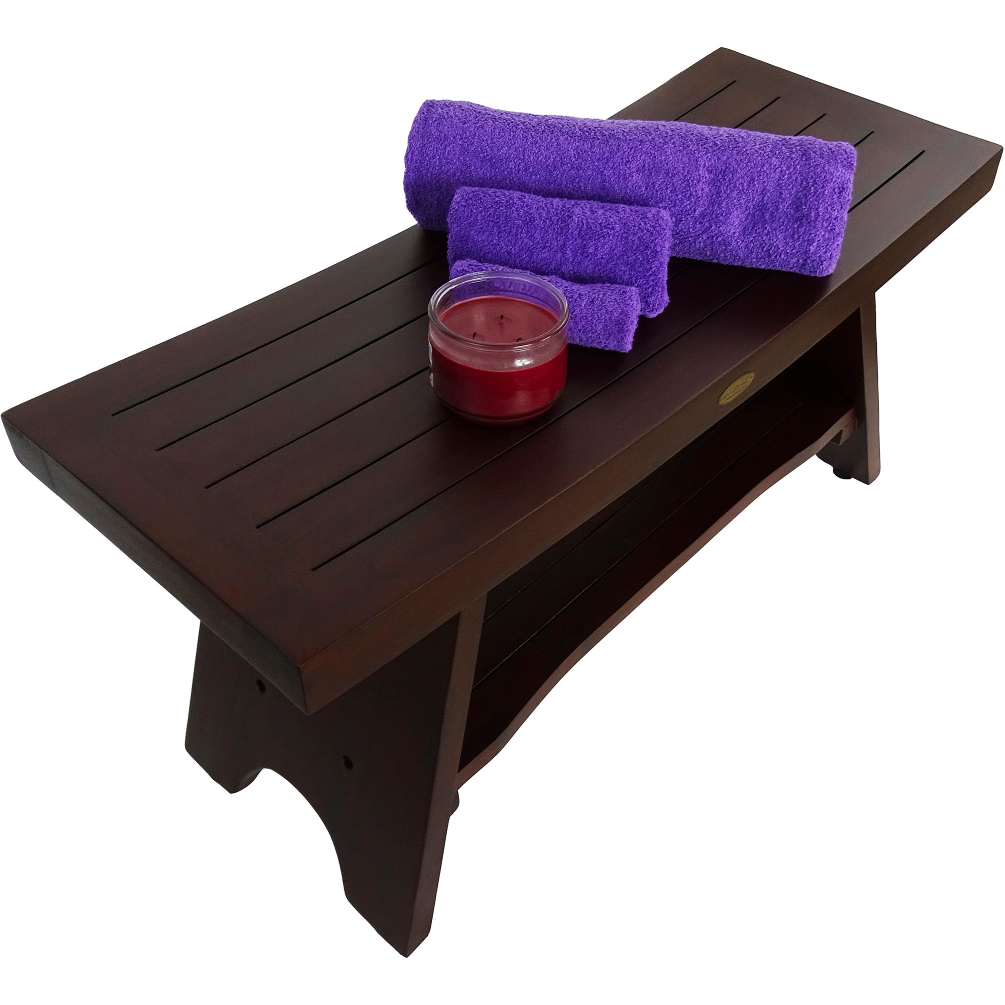 DecoTeak® Serenity® 35" Teak Wood Shower Bench with Shelf in Woodland Brown Finish