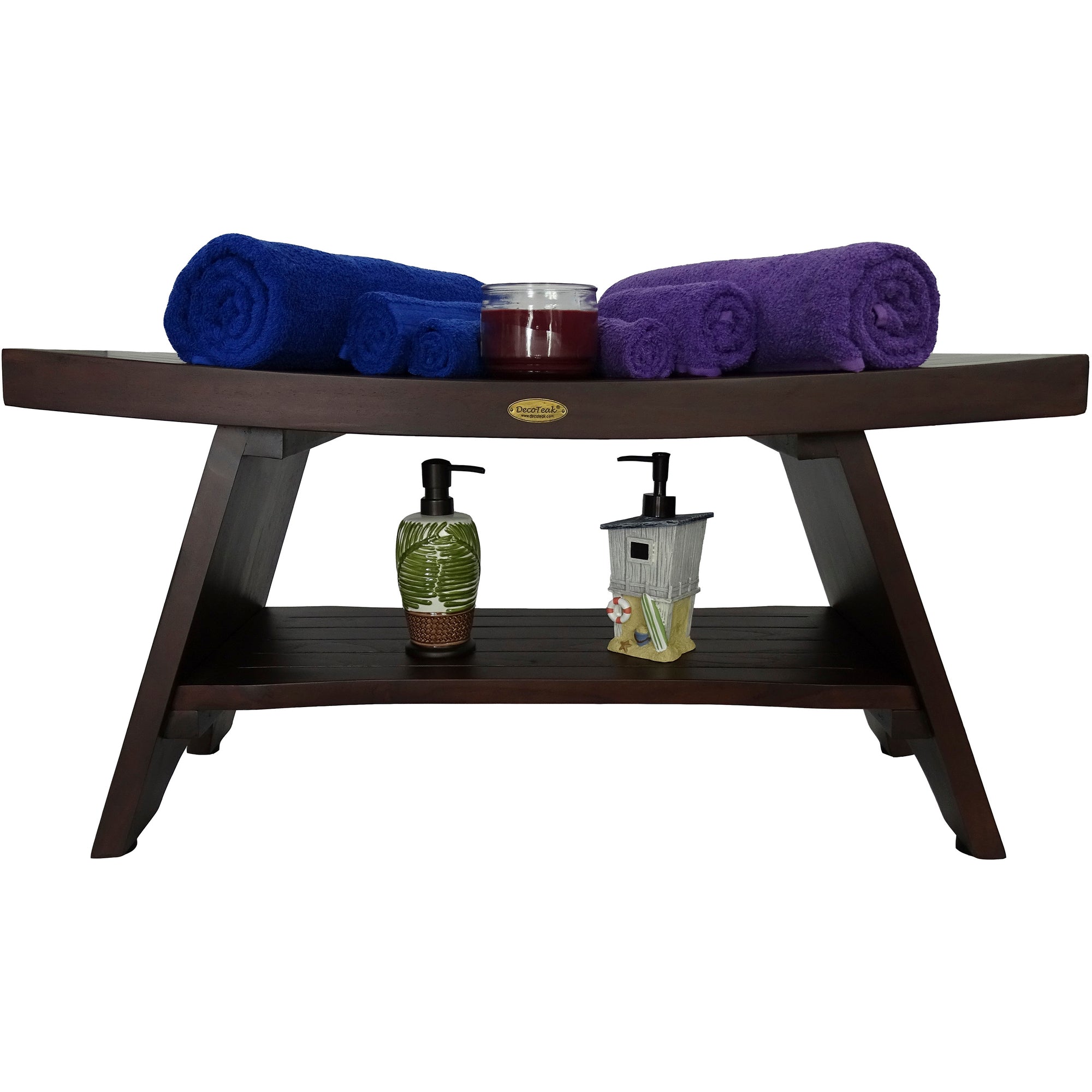 DecoTeak® Serenity® 35" Teak Wood Shower Bench with Shelf in Woodland Brown Finish