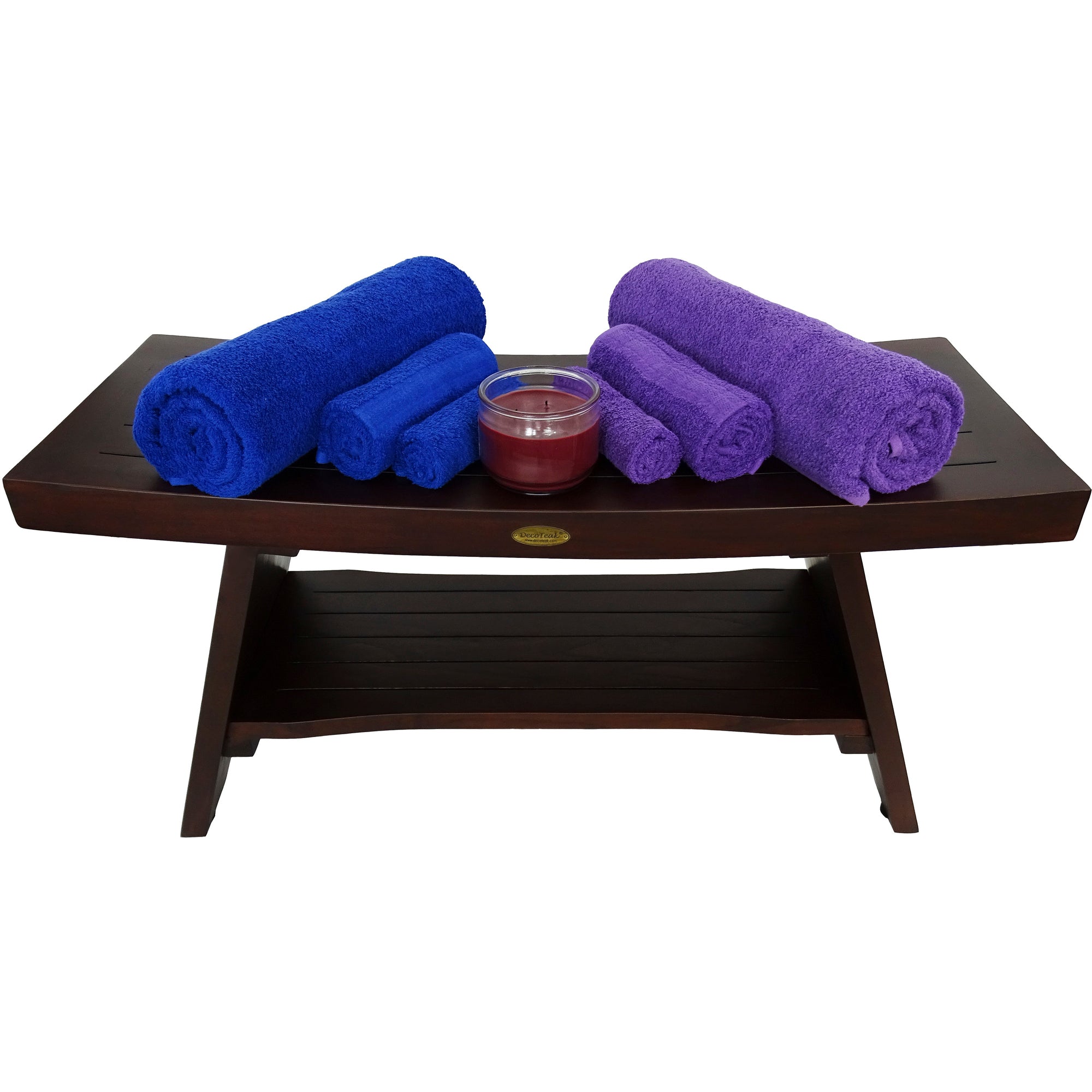 DecoTeak® Serenity® 35" Teak Wood Shower Bench with Shelf in Woodland Brown Finish