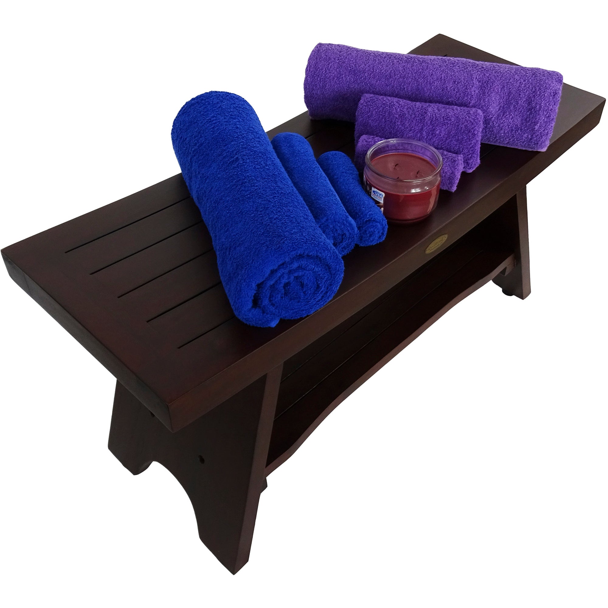 DecoTeak® Serenity® 35" Teak Wood Shower Bench with Shelf in Woodland Brown Finish