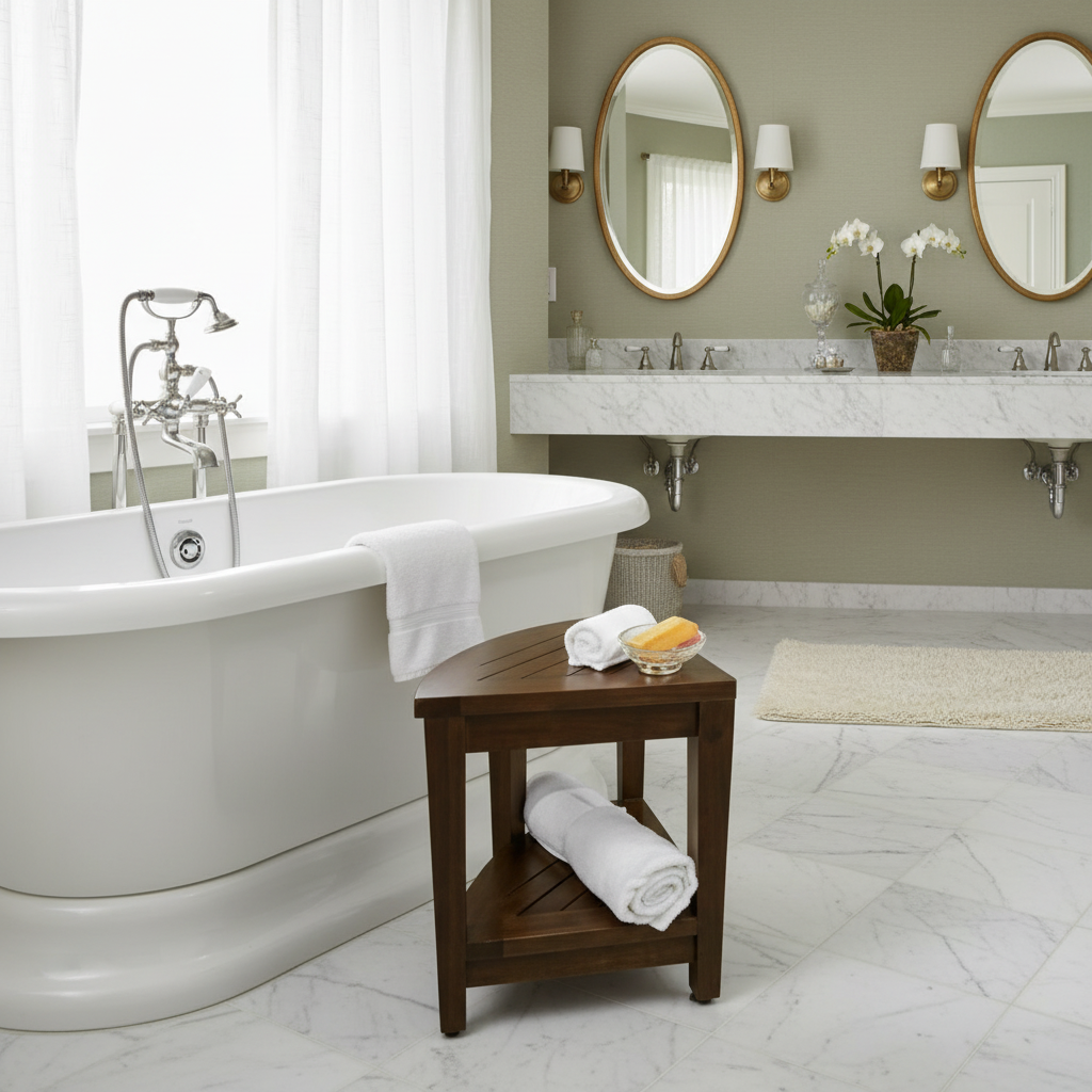 DecoTeak® SnazzyCorner® 23" Teak Wood Extended Height Corner Shower Bench with Shelf in Woodland Brown Finish - Extended Height