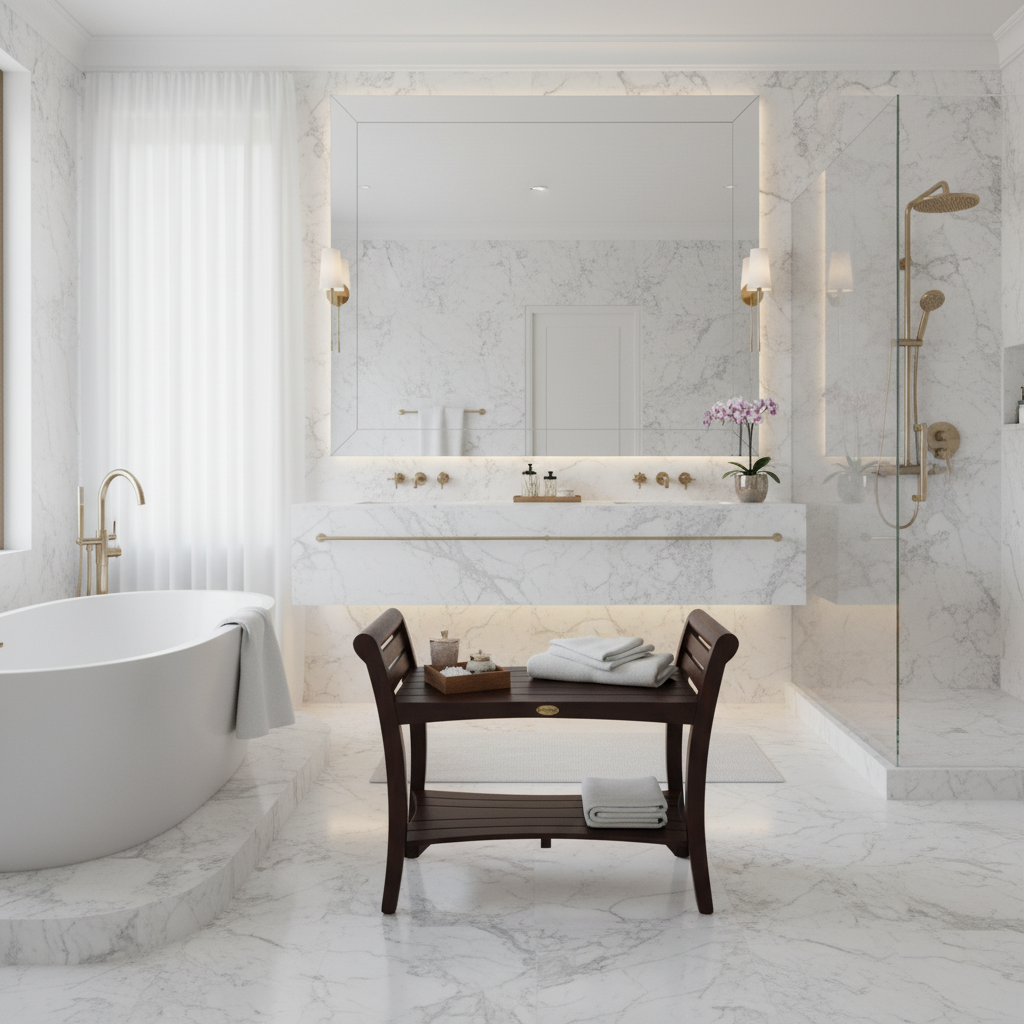 DecoTeak® Symmetry® 30" Teak Wood Shower Bench with Shelf and LiftAide® Arms in Woodland Brown Finish