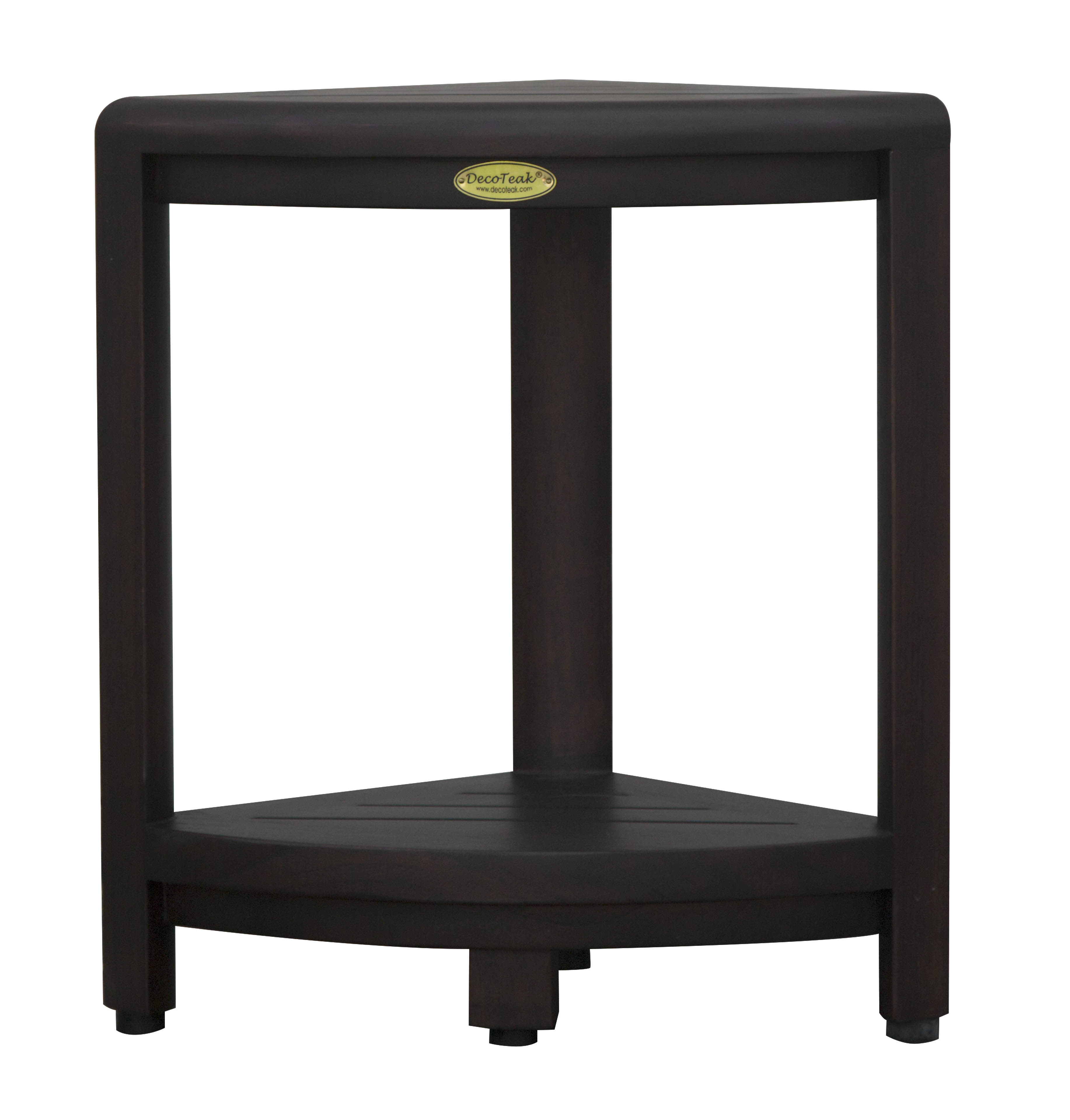 DecoTeak® SnazzyCorner® 18"H Teak Wood Corner Shower Bench with Shelf in Woodland Brown Finish