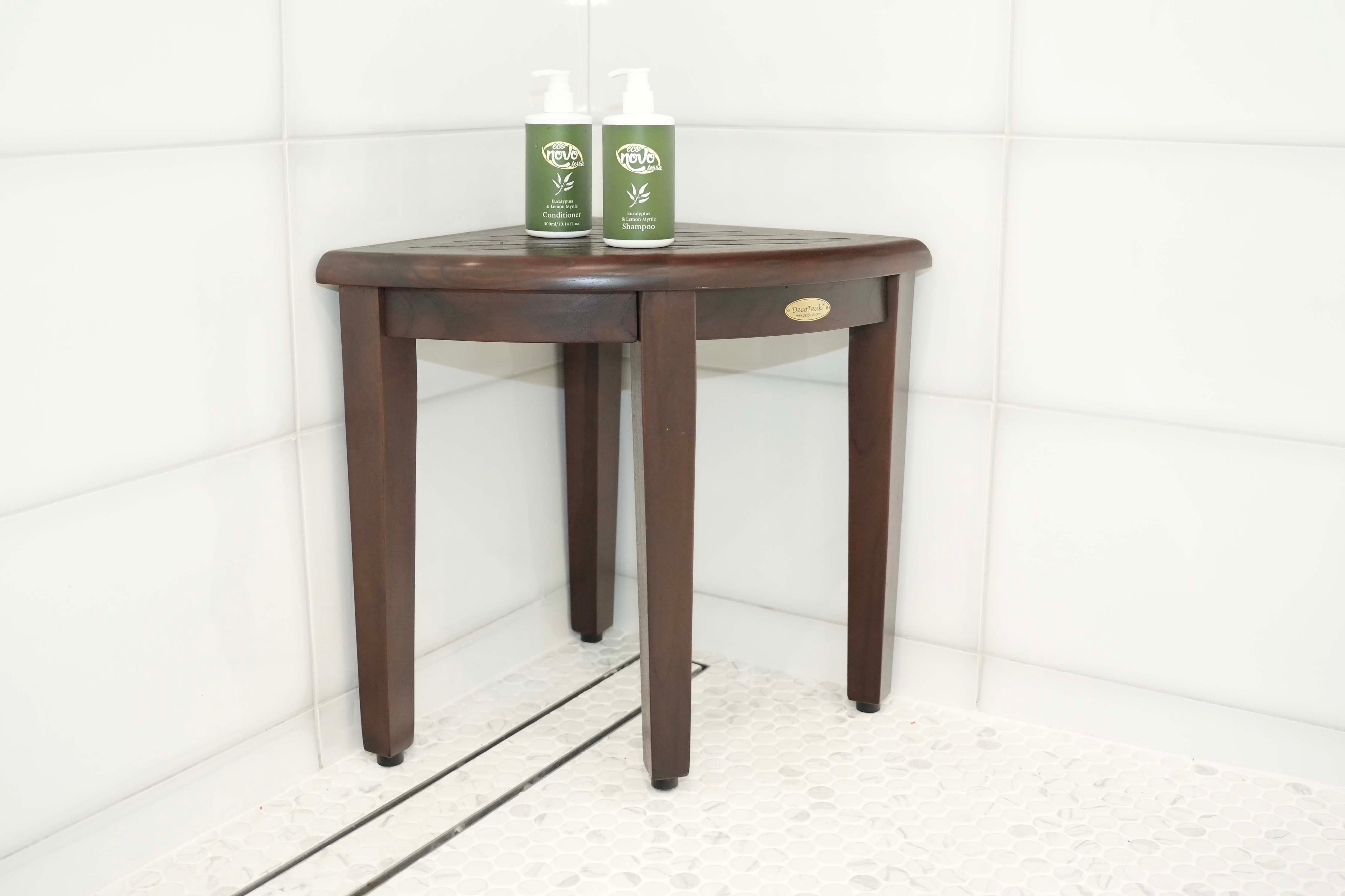 DecoTeak® SnazzyCorner® 18" Teak Wood Shower Corner Stool in Woodland Brown Finish