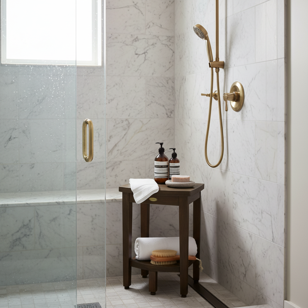 DecoTeak® SnazzyCorner® 15" Teak Wood Corner Shower Bench with Shelf in Woodland Brown Finish