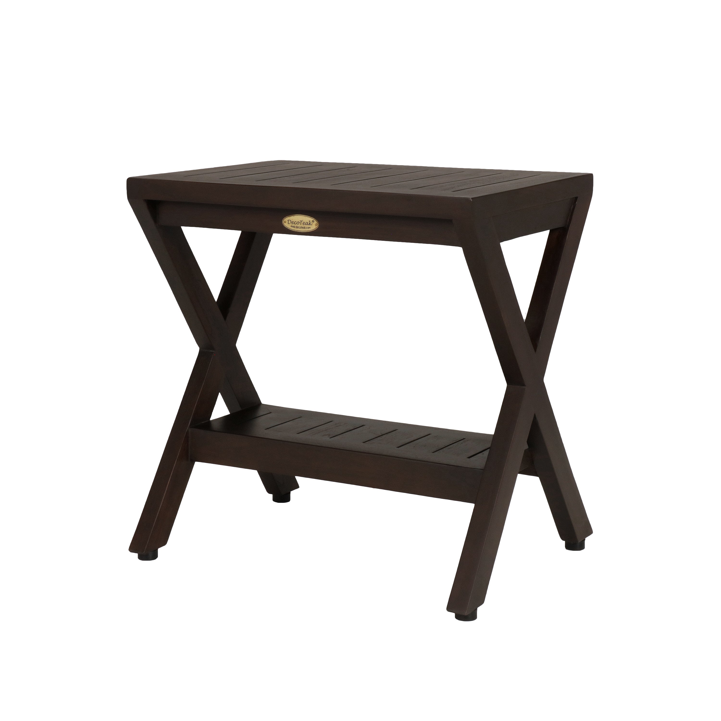 DecoTeak® Obliquity® 18" Teak Wood Shower Bench with Shelf in Woodland Brown Finish
