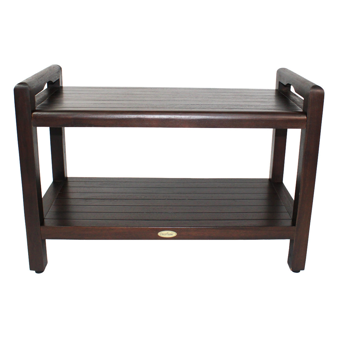 DecoTeak® Eleganto® 29" Teak Wood Shower Bench with LiftAide® Arms and Shelf in Woodland Brown Finish