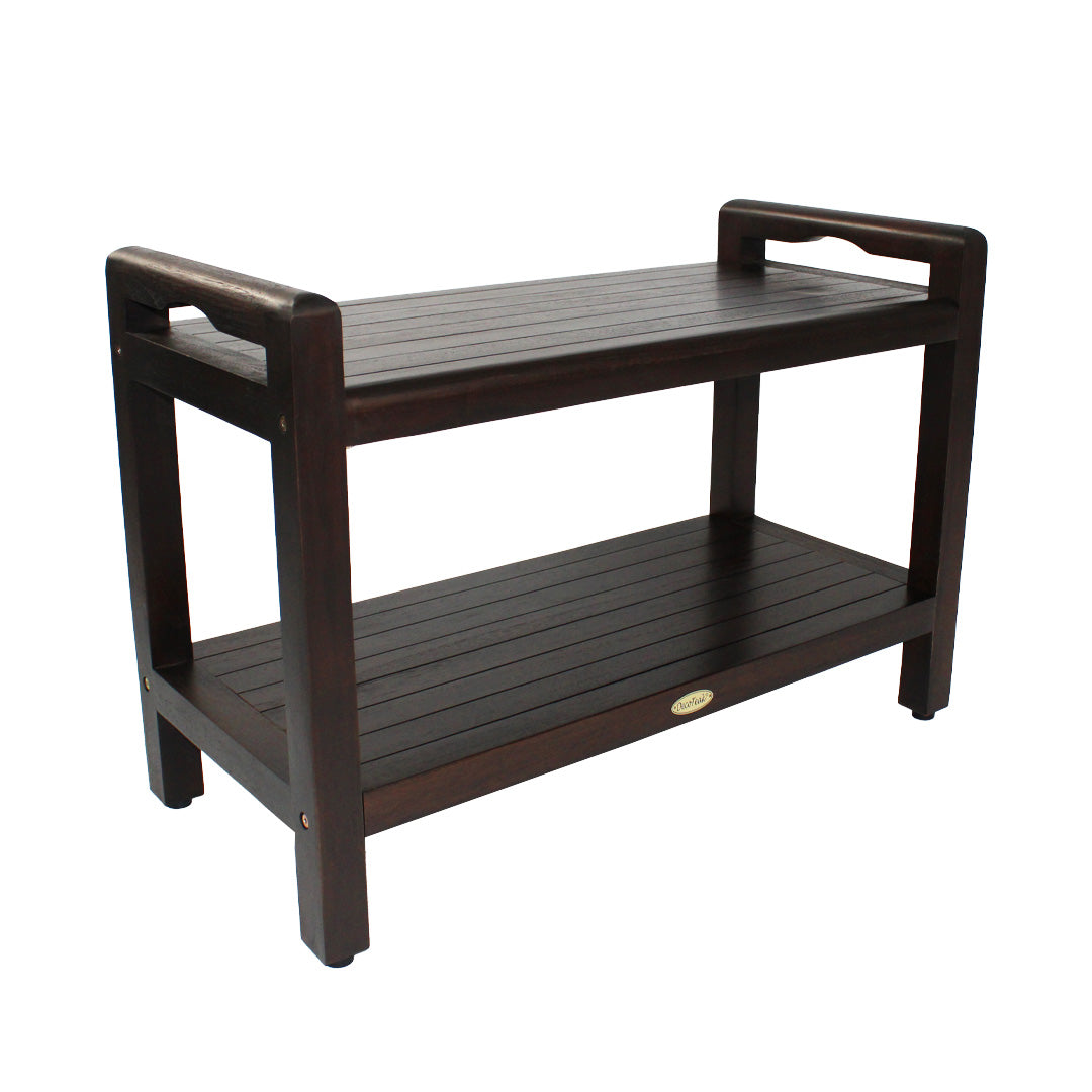 DecoTeak® Eleganto® 29" Teak Wood Shower Bench with LiftAide® Arms and Shelf in Woodland Brown Finish
