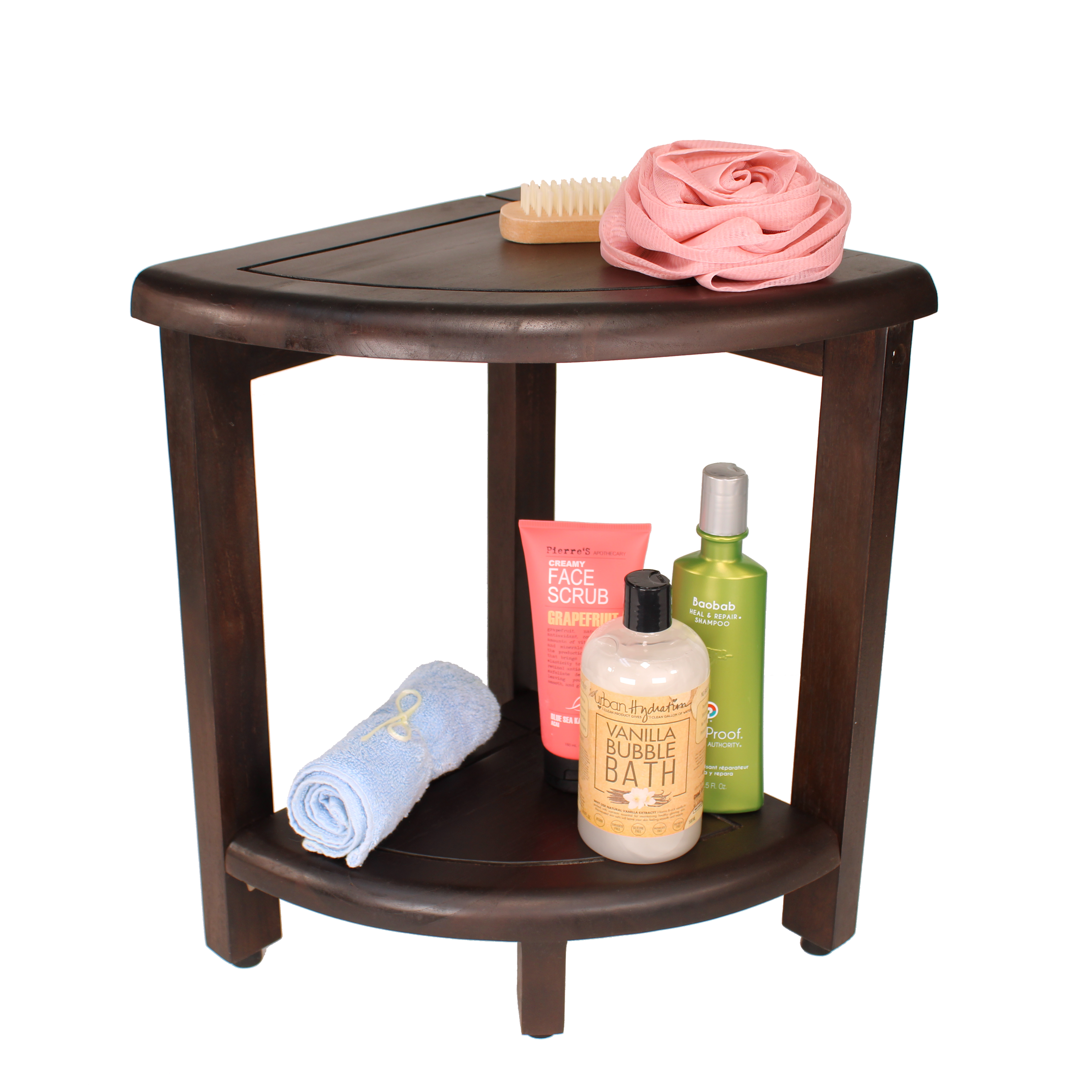 EcoDecors® SnazzyCorner® 18" Teak Shower with Shelf in Woodland Brown Finish