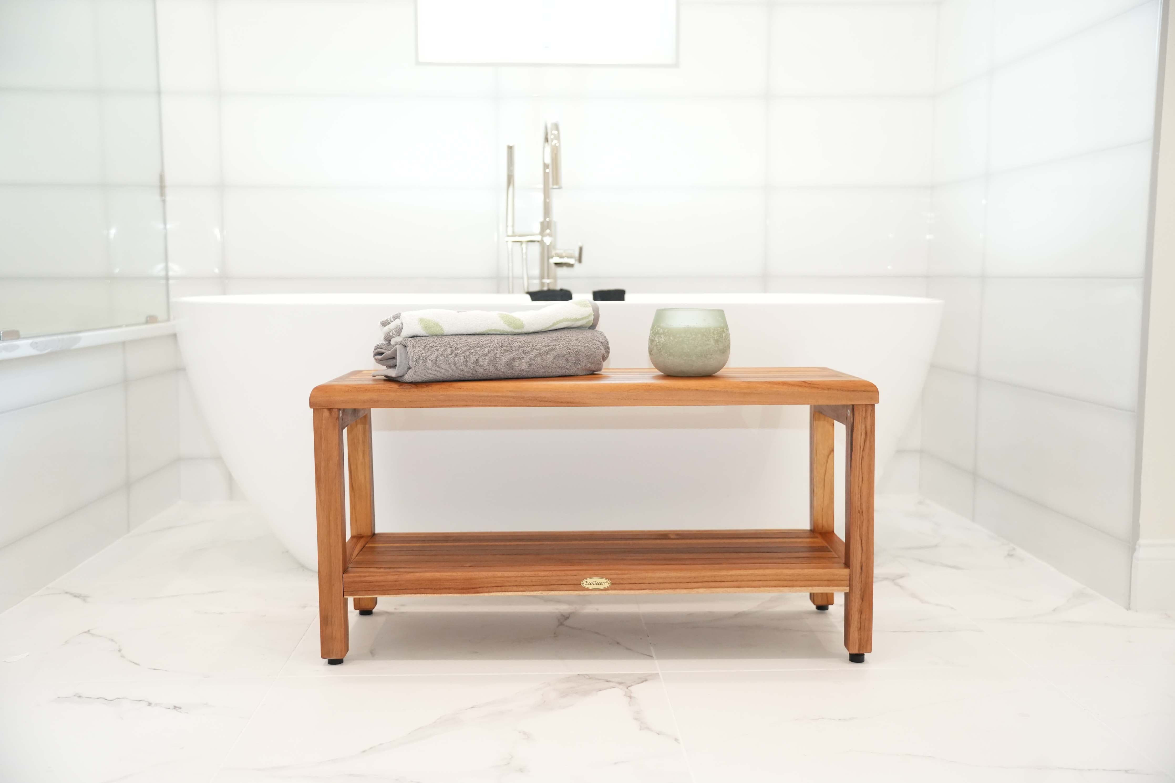 EcoDecors® Eleganto® 30" Teak Wood Shower Bench with Shelf in EarthyTeak Finish