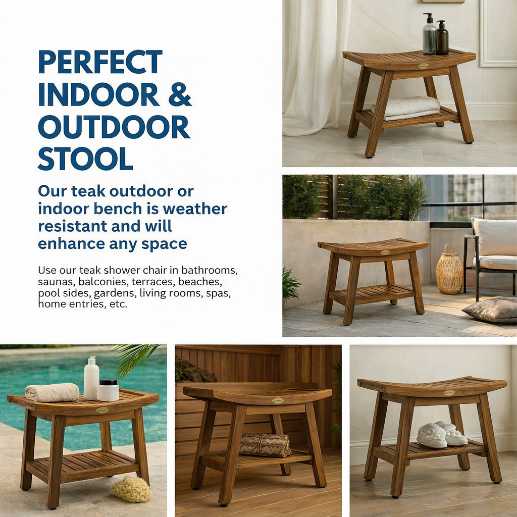 EcoDecors Harmony Gold 18" Teak Wood Shower Bench with Shelf in Earthy Teak Finish