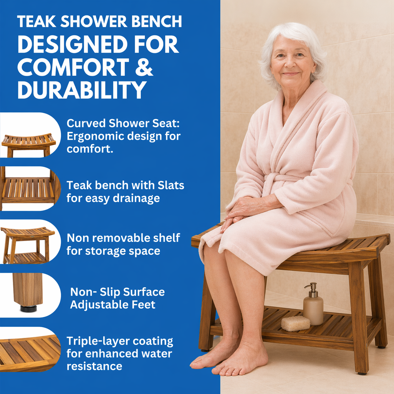 EcoDecors Harmony Gold 24" Solid Teak Shower Bench