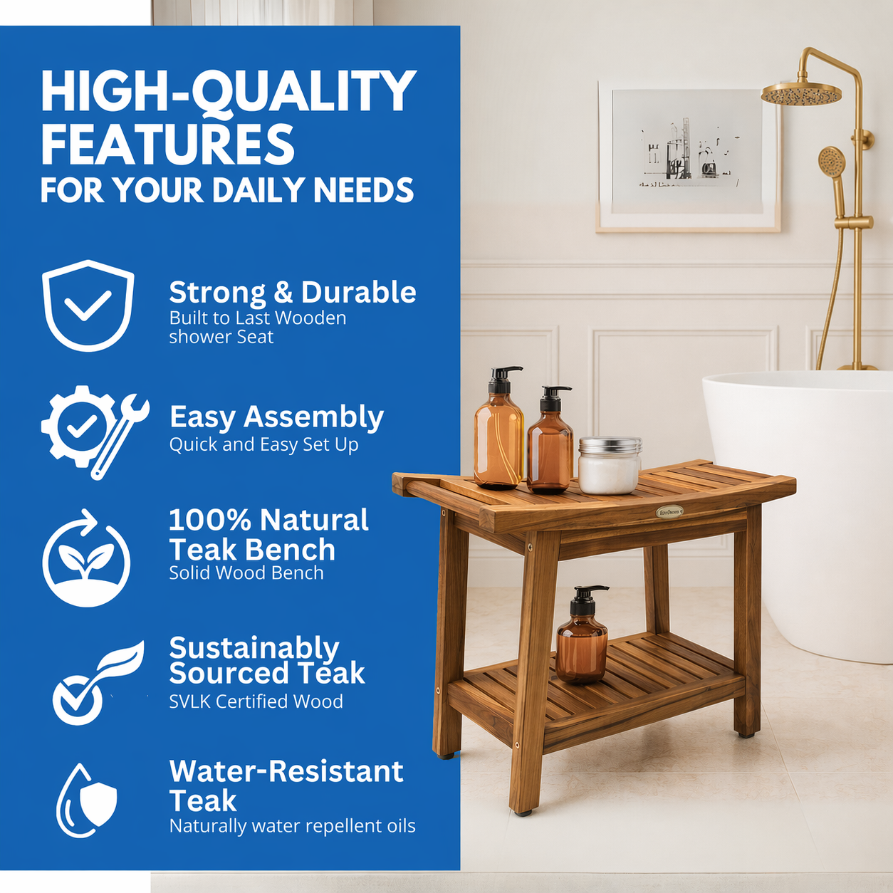 EcoDecors Harmony Gold 24" Solid Teak Shower Bench
